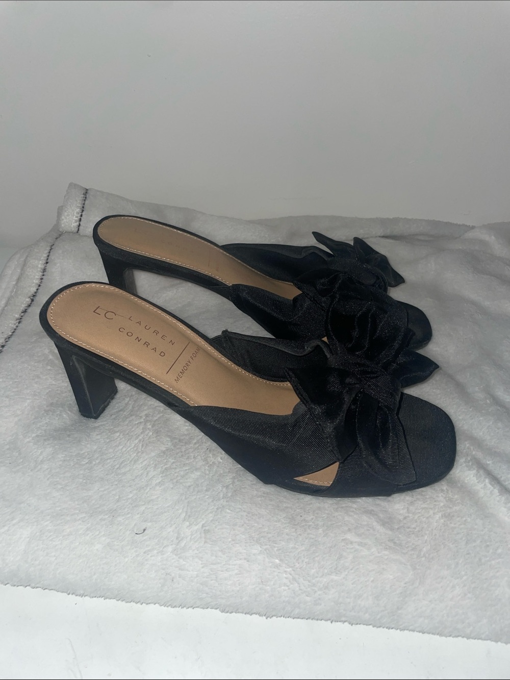 LC Lauren Conrad Black Satin Bow Slide Heels